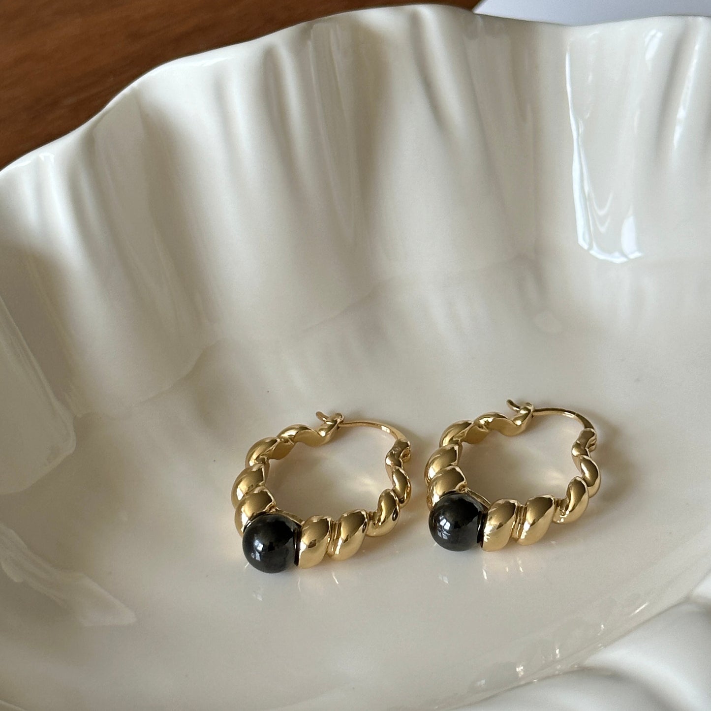 Gold twist hoop natural stone bead earrings