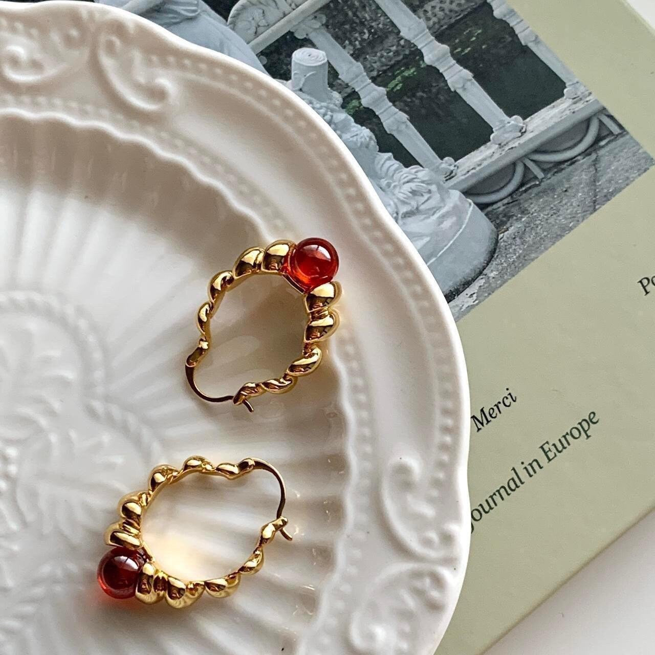 Gold twist hoop natural stone bead earrings