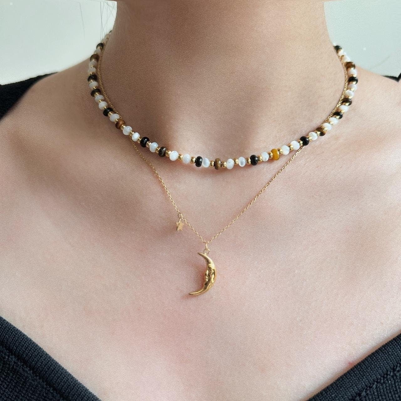 Gold crescent pendant star charm necklace