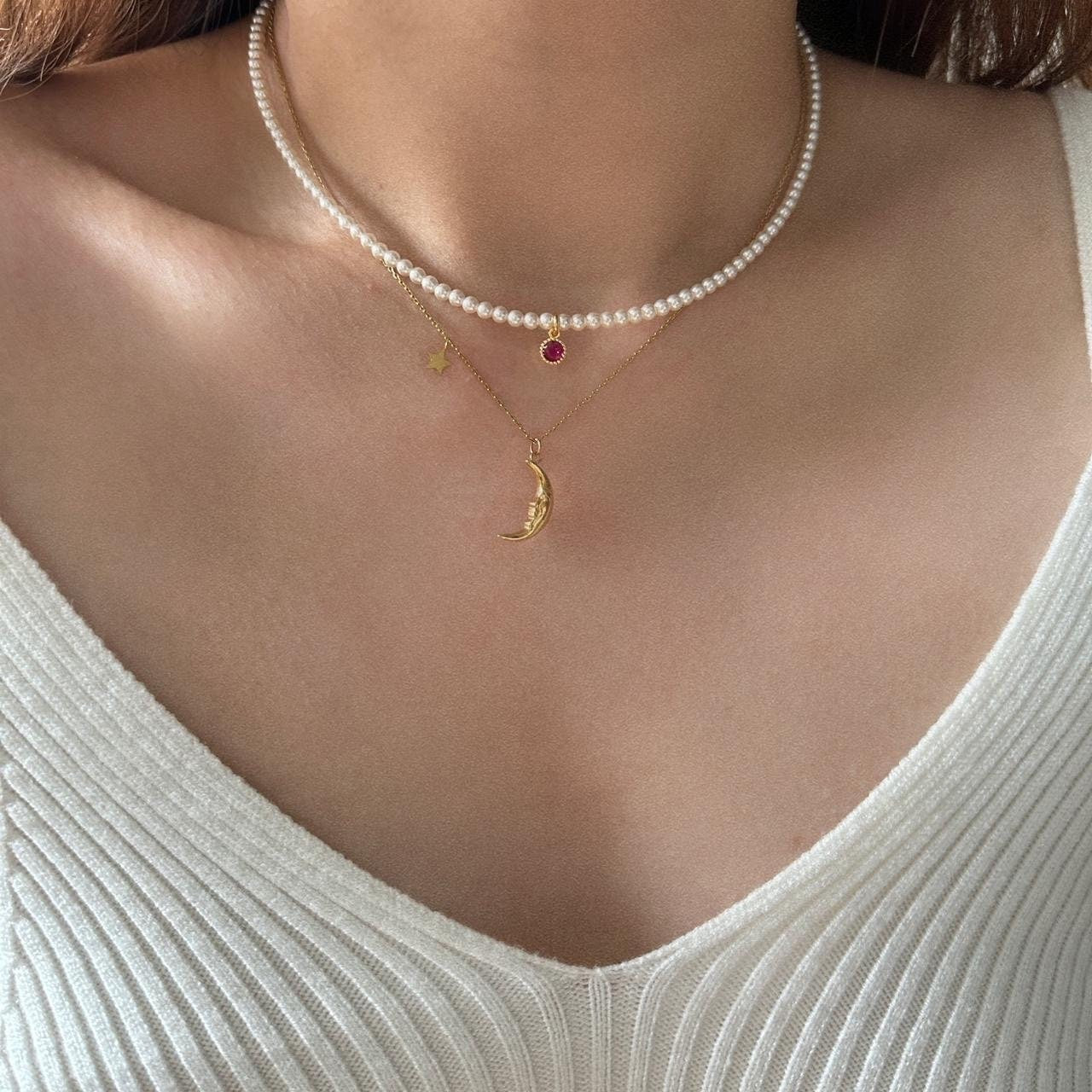 Gold crescent pendant star charm necklace
