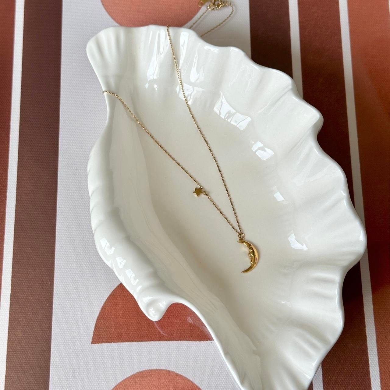 Gold crescent pendant star charm necklace