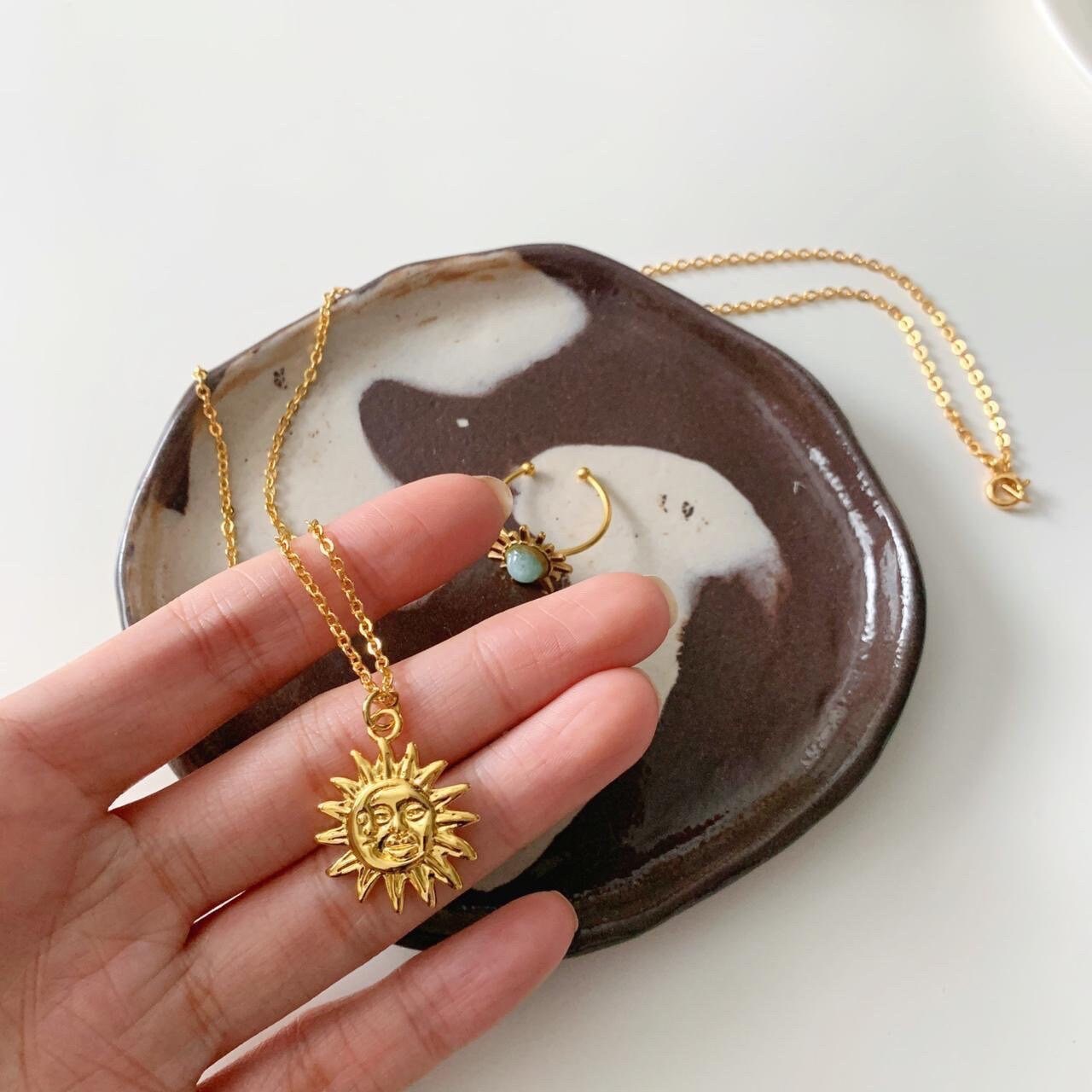 Gold Sun Face And Moon Face Pendant Sweater Necklace