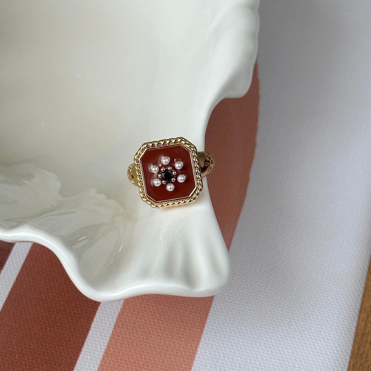 Red Enamel Pearl Daisy Ring