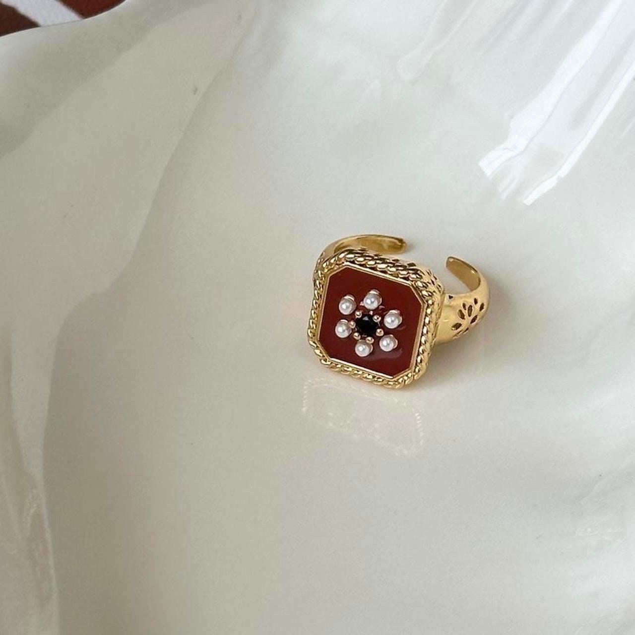 Red Enamel Pearl Daisy Ring