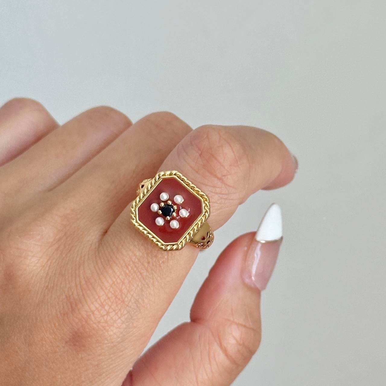 Red Enamel Pearl Daisy Ring