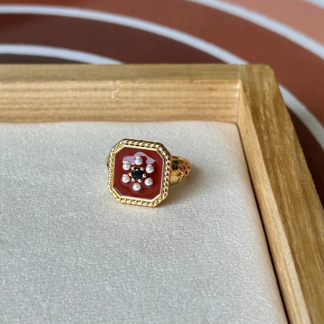 Red Enamel Pearl Daisy Ring