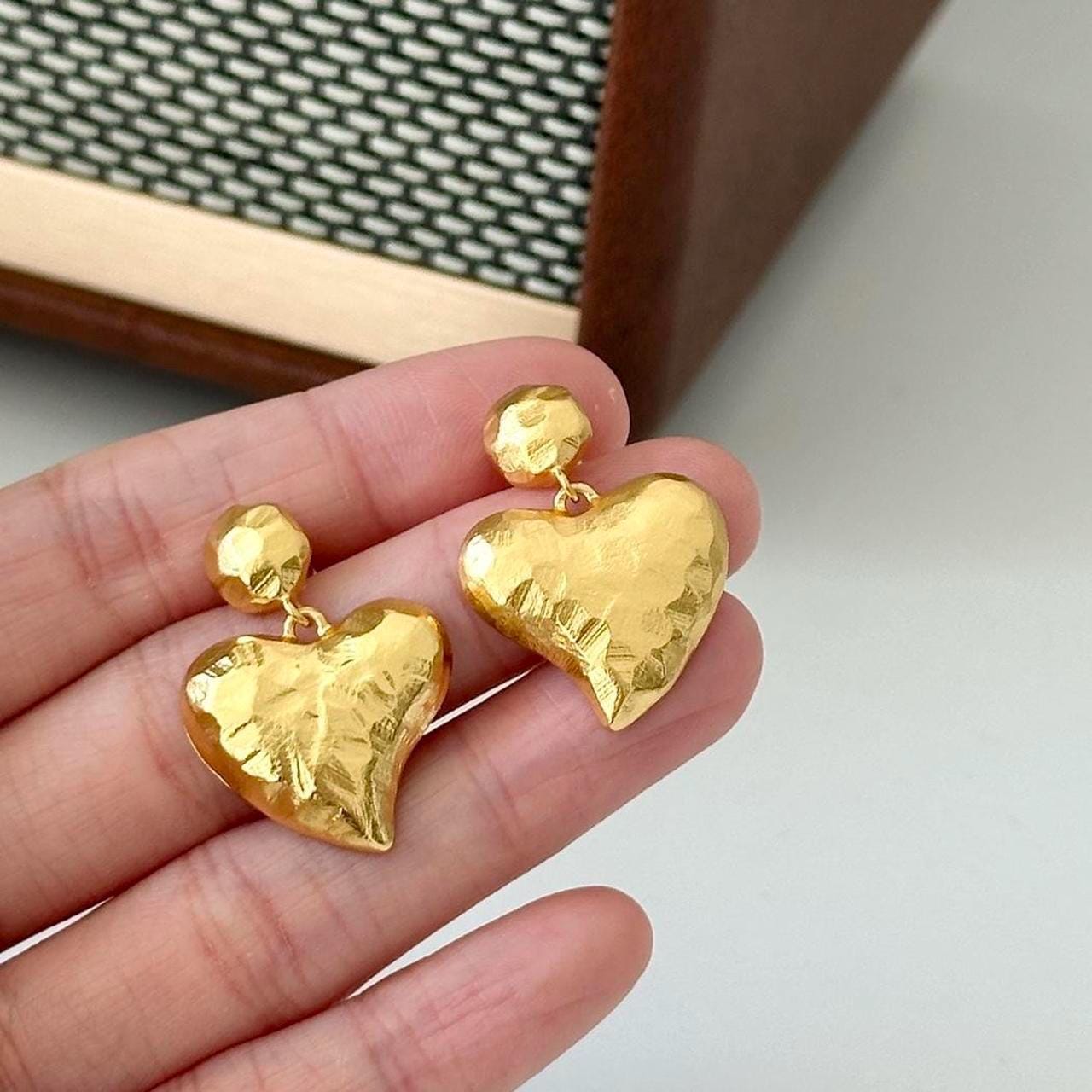 Matte Gold Textured Heart Dangle Earrings