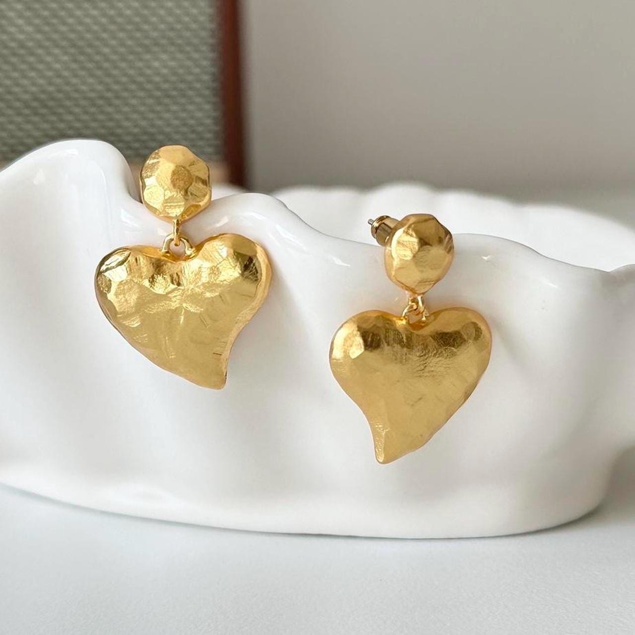 Matte Gold Textured Heart Dangle Earrings