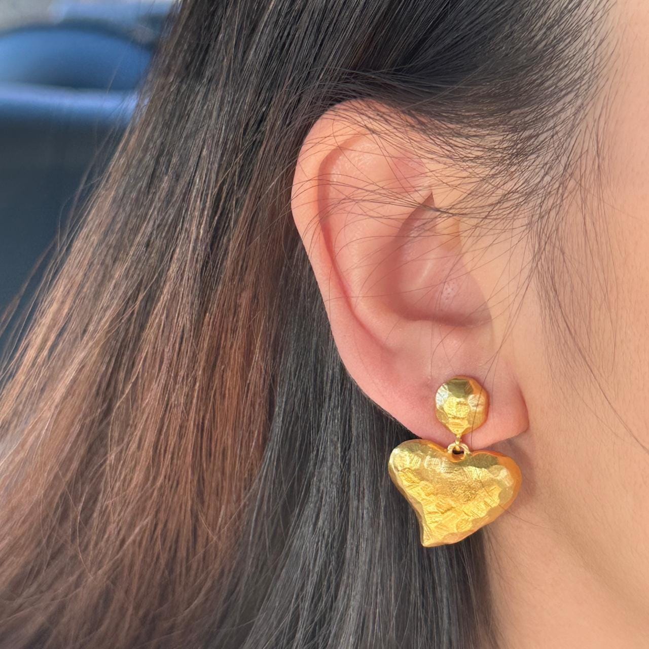Matte Gold Textured Heart Dangle Earrings