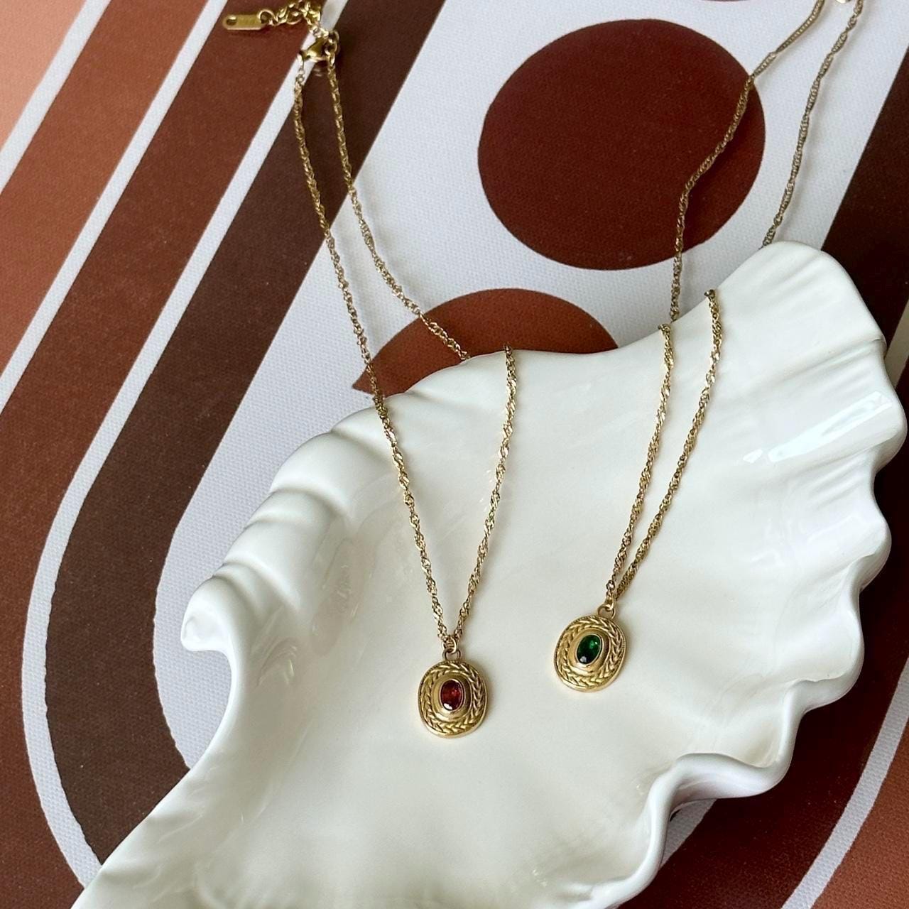 Vintage Ruby and Green Gemstone Pendant Gold Necklace