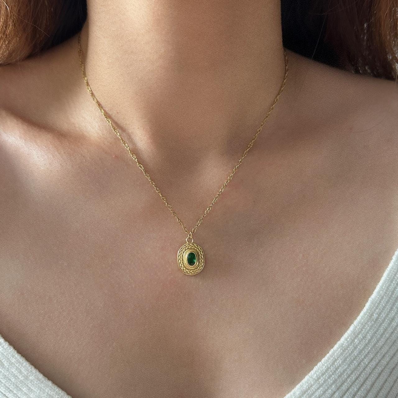 Vintage Ruby and Green Gemstone Pendant Gold Necklace