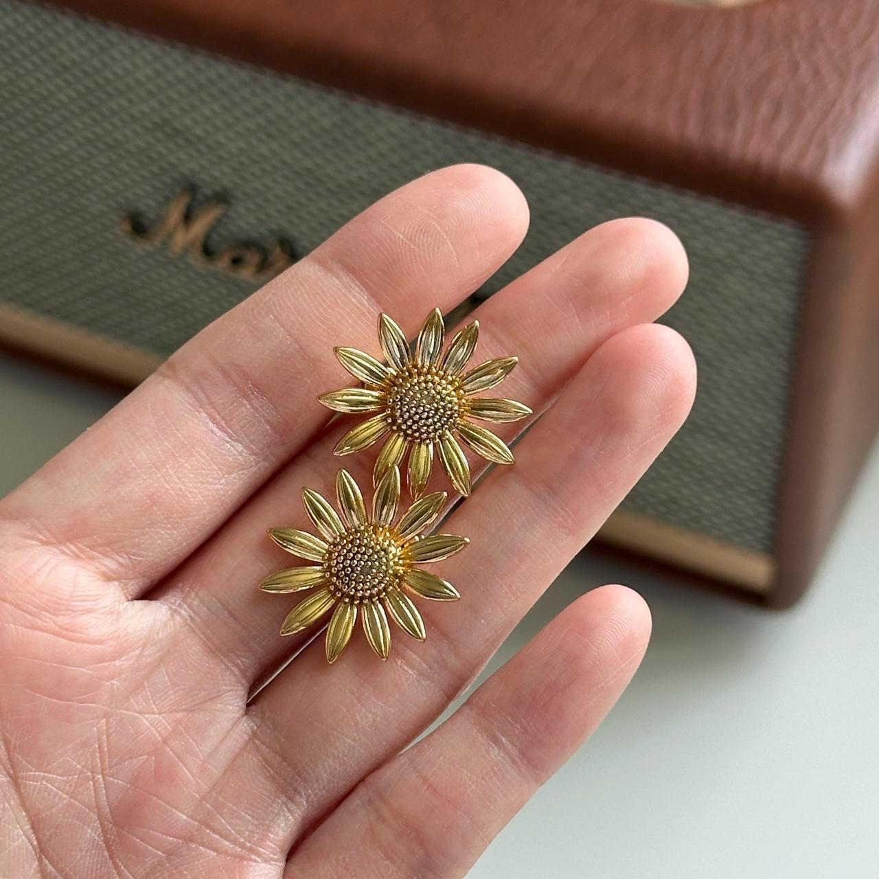 Gold Sunflower Stud Earrings, Flower Earrings