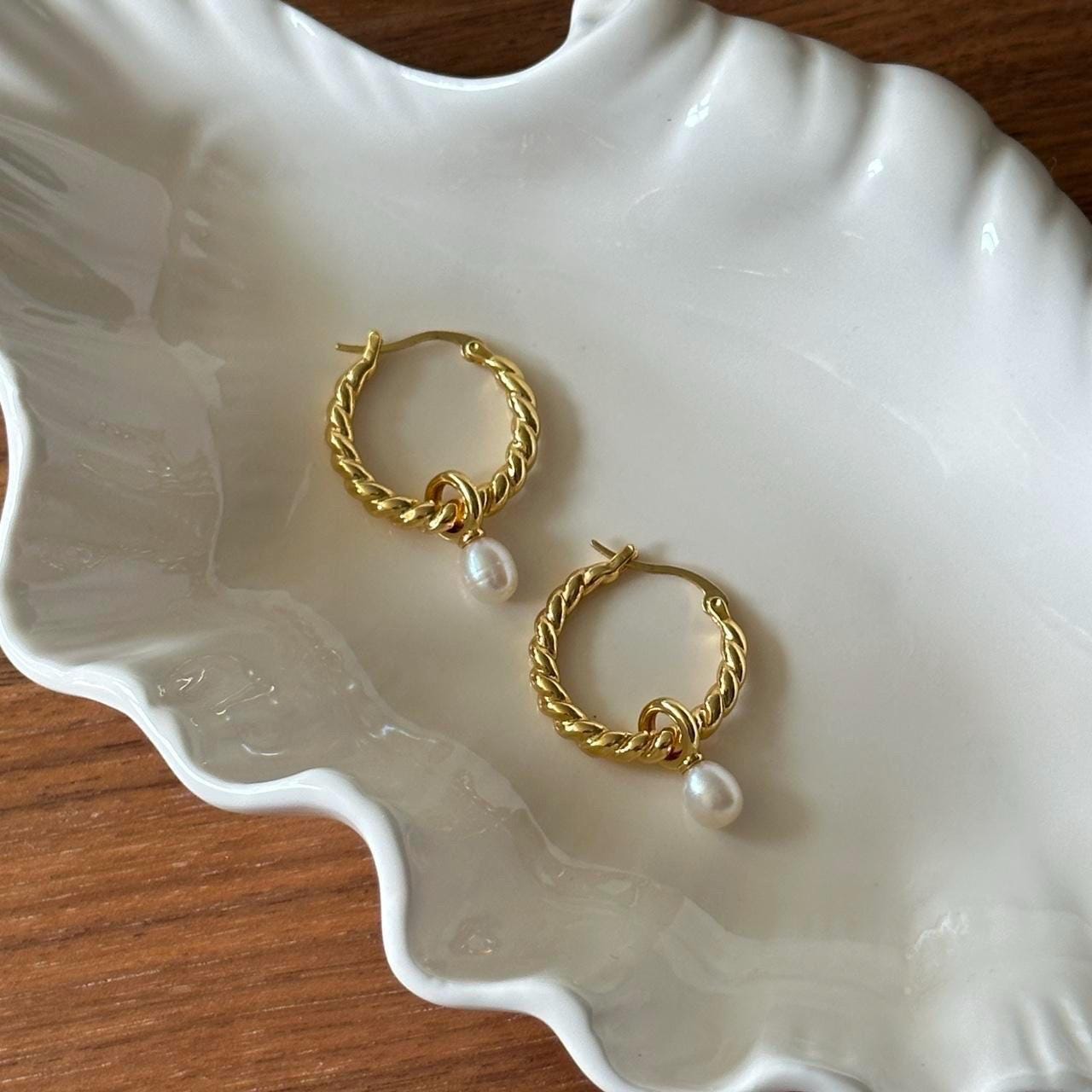 Gold Twisted Hoop Pearl Earrings