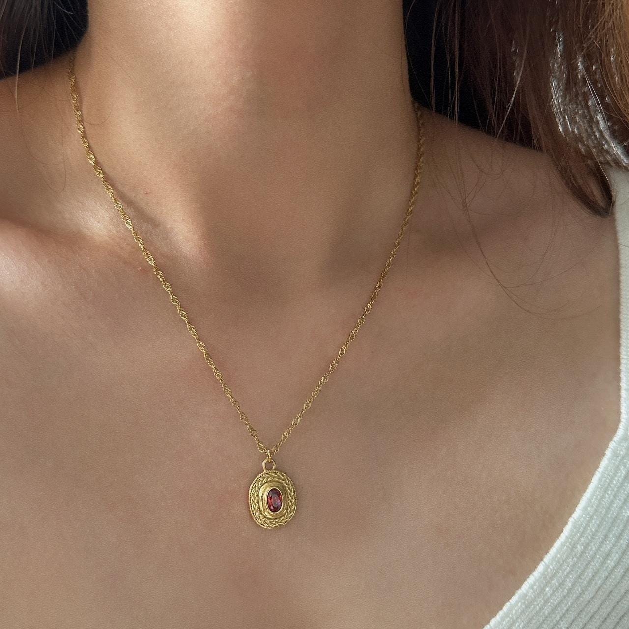 Vintage Ruby and Green Gemstone Pendant Gold Necklace