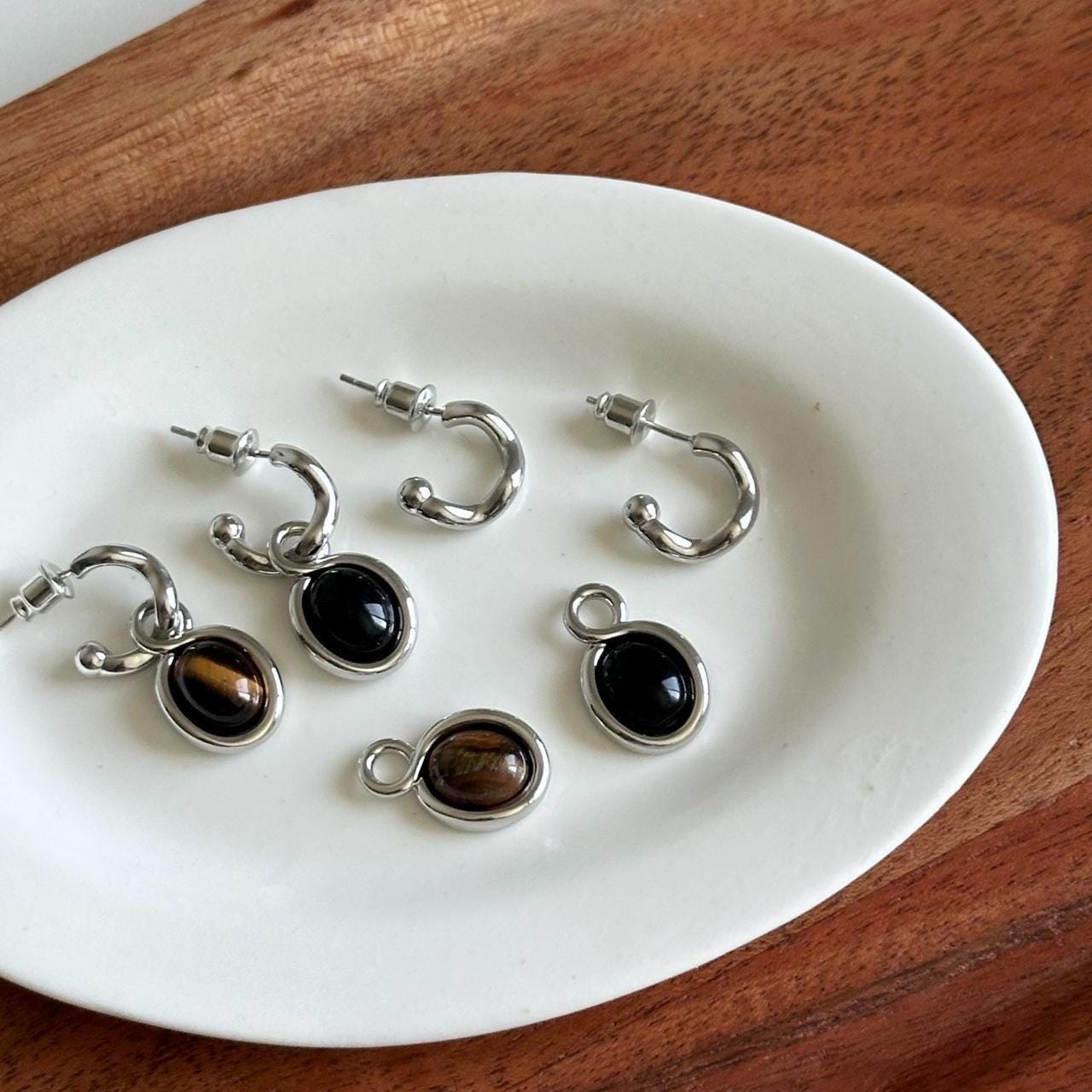Gemstone Dangle Silver Earrings, Black Onyx Dangle Earrings, Tigereye Gemstone Silver Earrings.