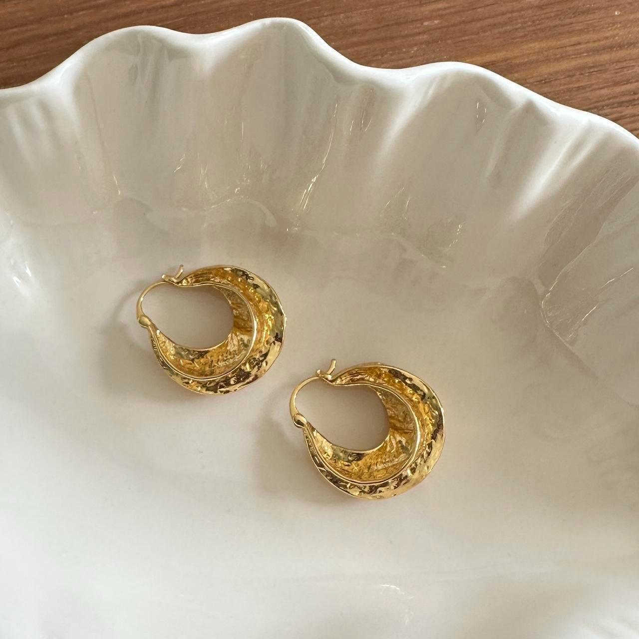 Gold Twist Hammered Texture Hoop Earrings