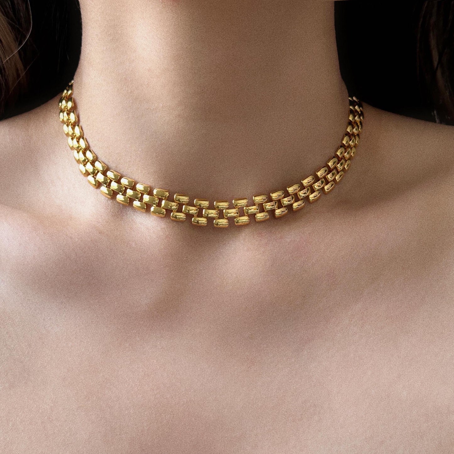 Watchband Chain Necklace, Gold Plated Choker, Bold Metal Link Chain, Adjustable Chunky Necklace, Unisex Statement Jewelry