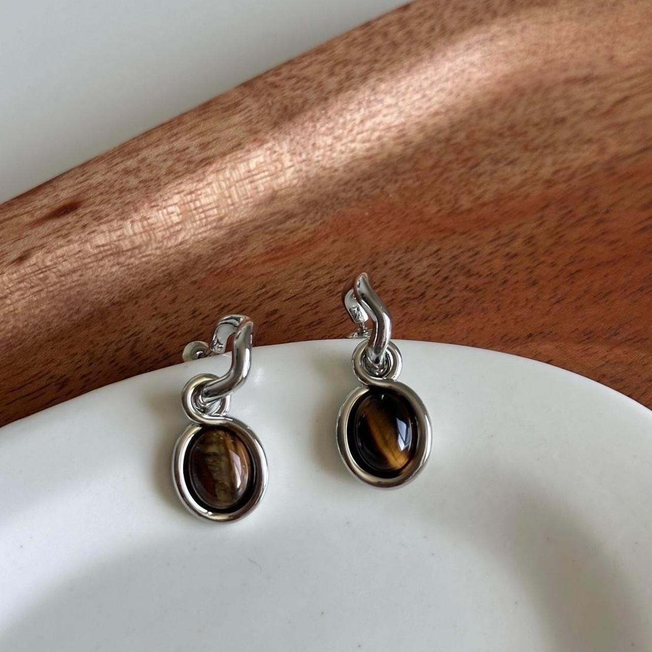 Gemstone Dangle Silver Earrings, Black Onyx Dangle Earrings, Tigereye Gemstone Silver Earrings.