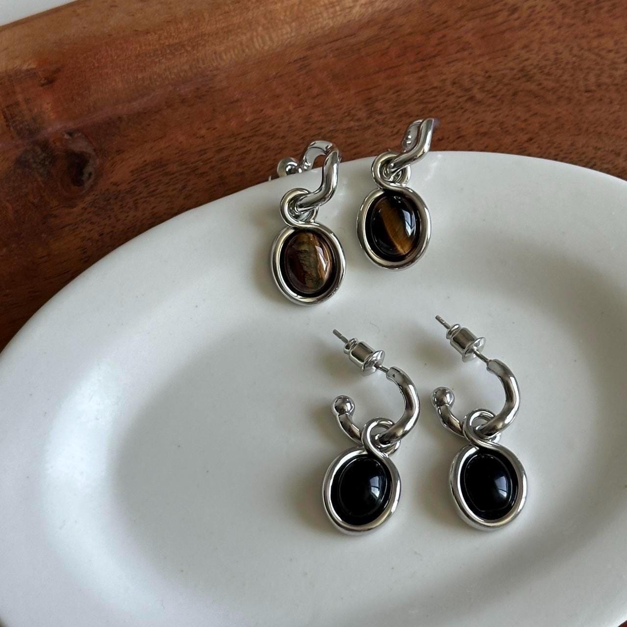 Gemstone Dangle Silver Earrings, Black Onyx Dangle Earrings, Tigereye Gemstone Silver Earrings.
