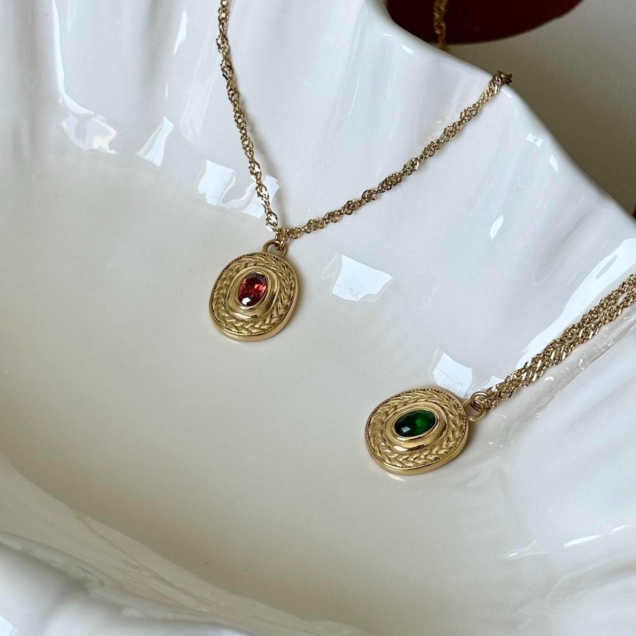 Vintage Ruby and Green Gemstone Pendant Gold Necklace