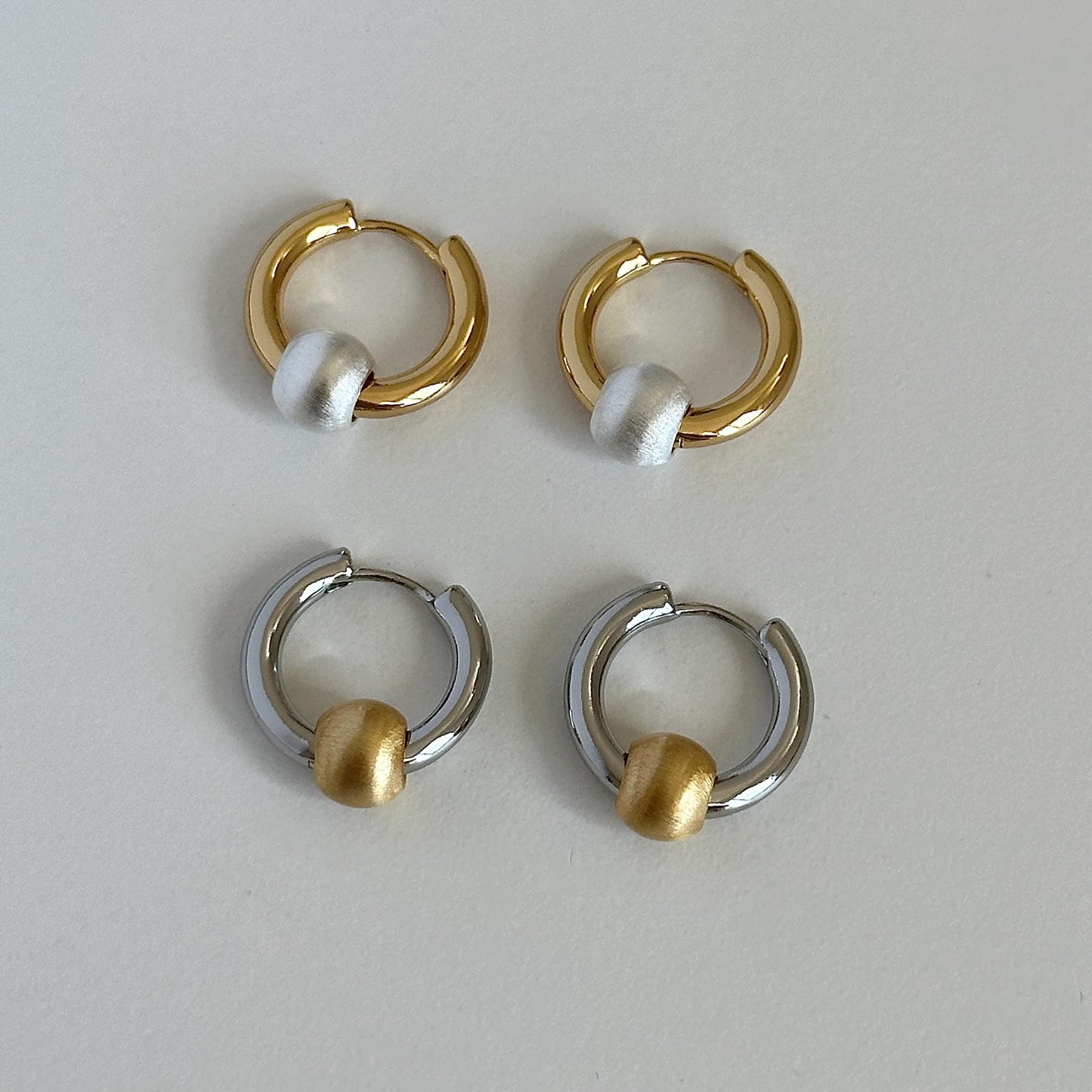 Two Tone Matte Beads Hoops Earrings, Mixed Metal Hoop Earrings with Detachable Bead Charm