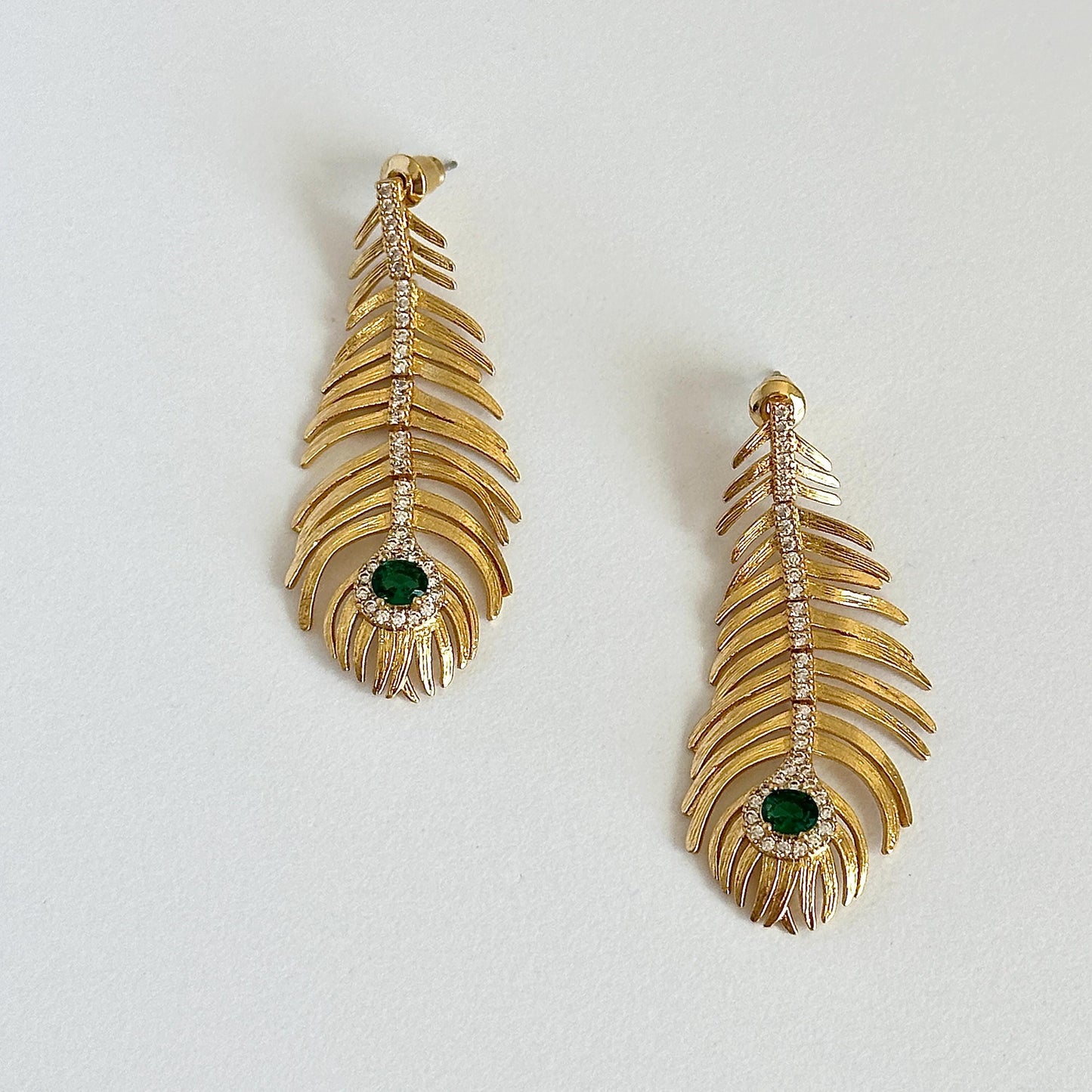 Elegant Peacock Feather Earrings with Green Gemstone