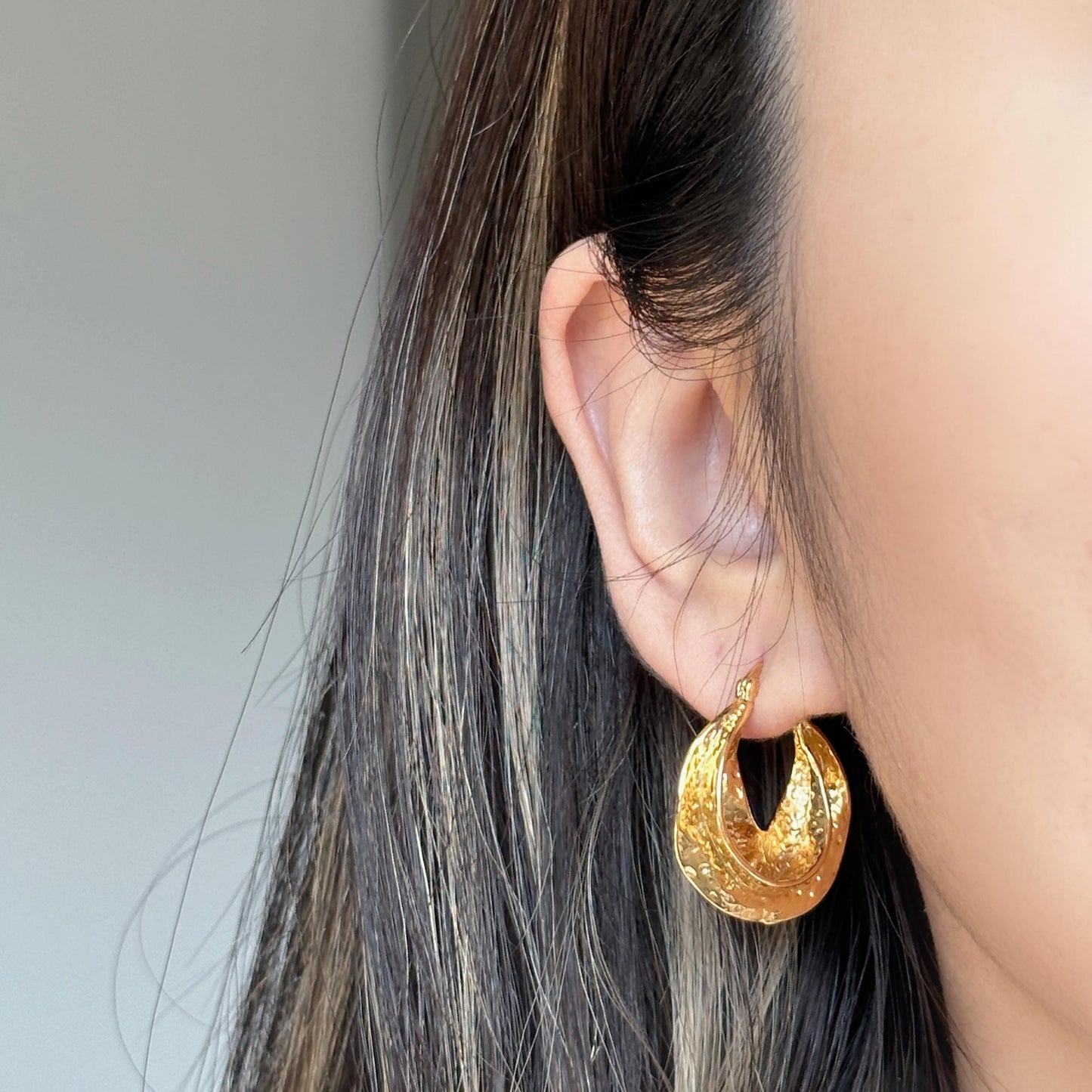 Gold Twist Hammered Texture Hoop Earrings