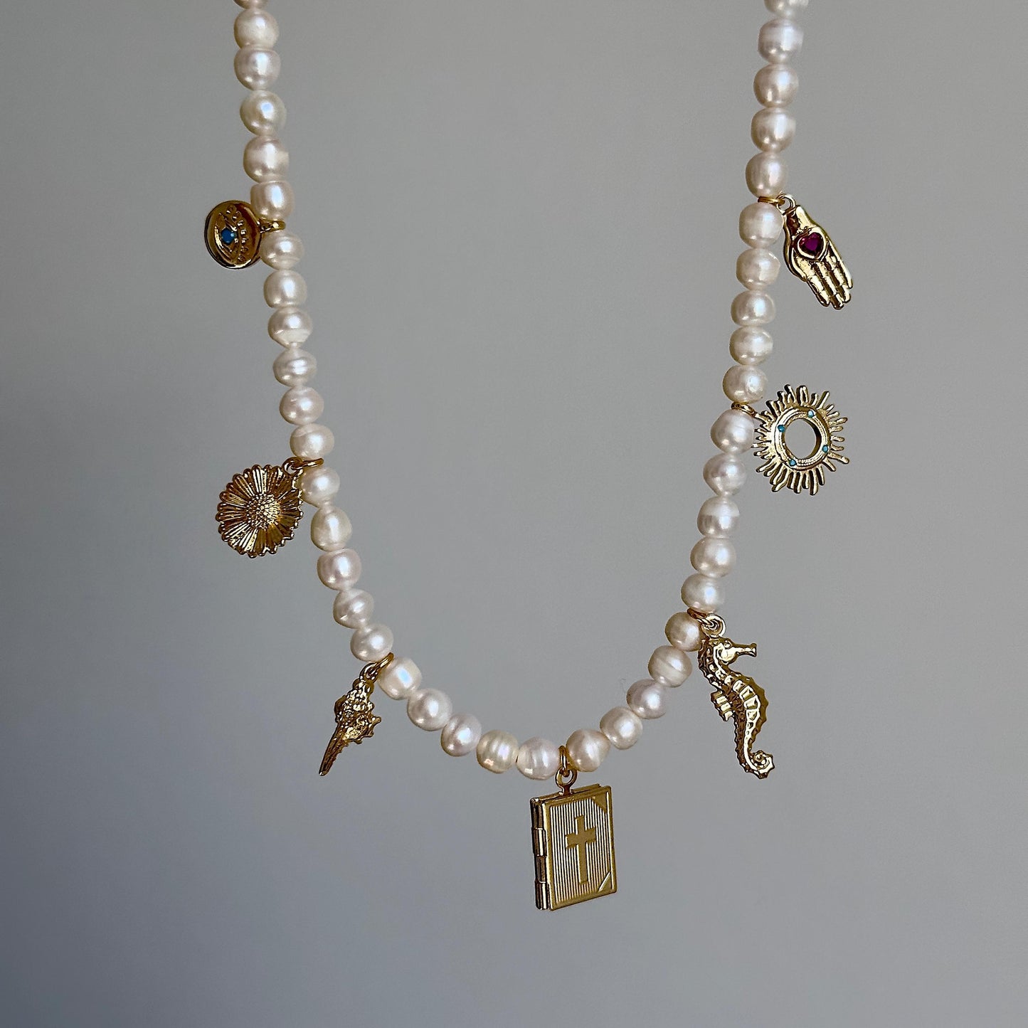 Charm Pearl Necklace, Pearl Necklace with Unique Charms