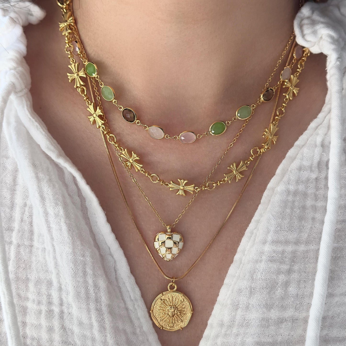 Elegant Crystal Stone Chain, Gold-Plated Green Pink Stone Necklace and Bracelet Set - Unique Multi-Color Gemstone Jewelry