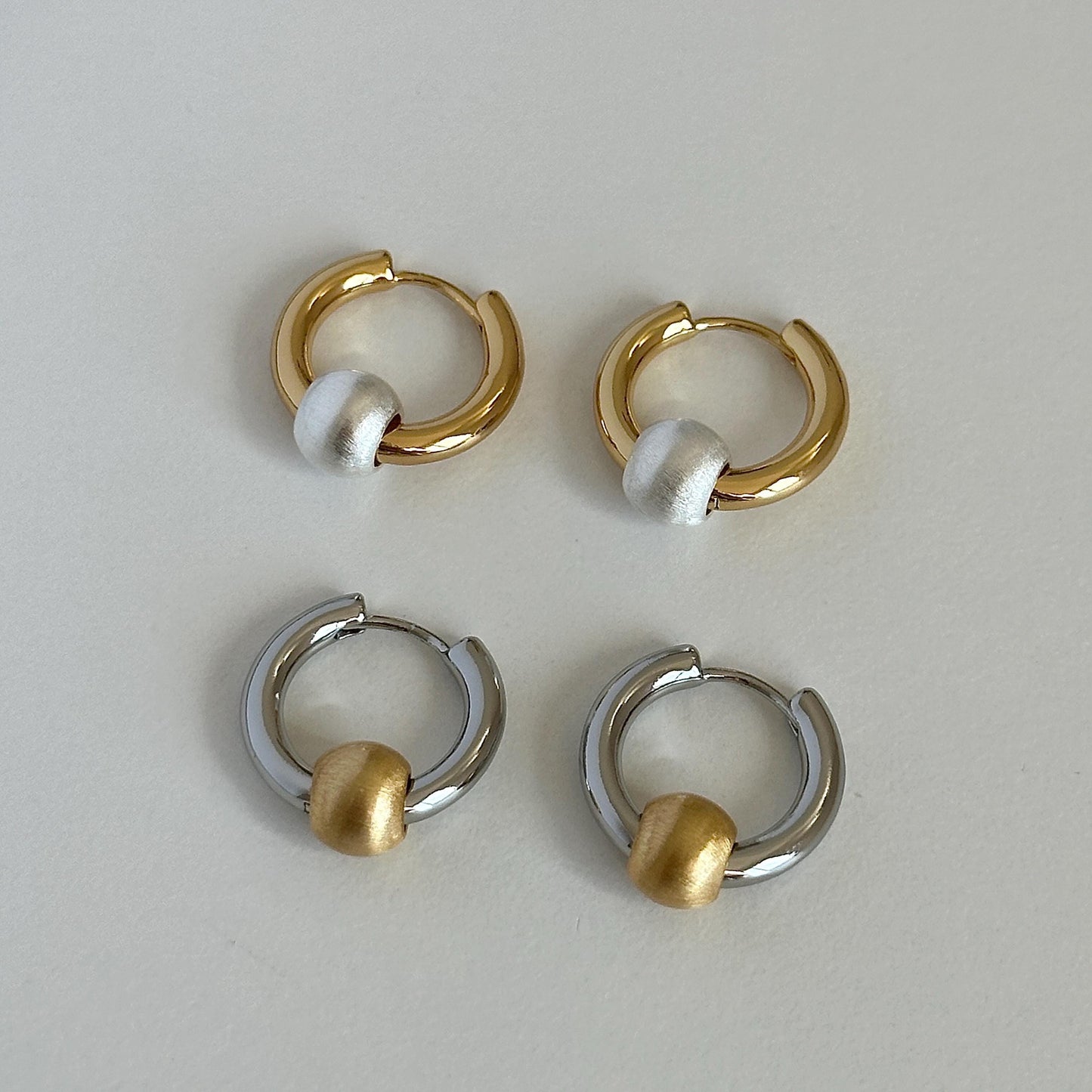 Two Tone Matte Beads Hoops Earrings, Mixed Metal Hoop Earrings with Detachable Bead Charm
