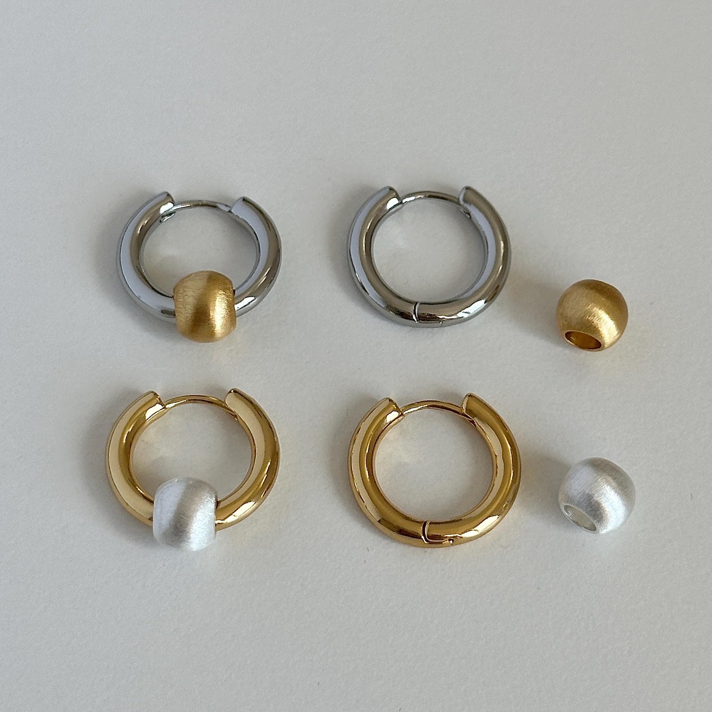 Two Tone Matte Beads Hoops Earrings, Mixed Metal Hoop Earrings with Detachable Bead Charm