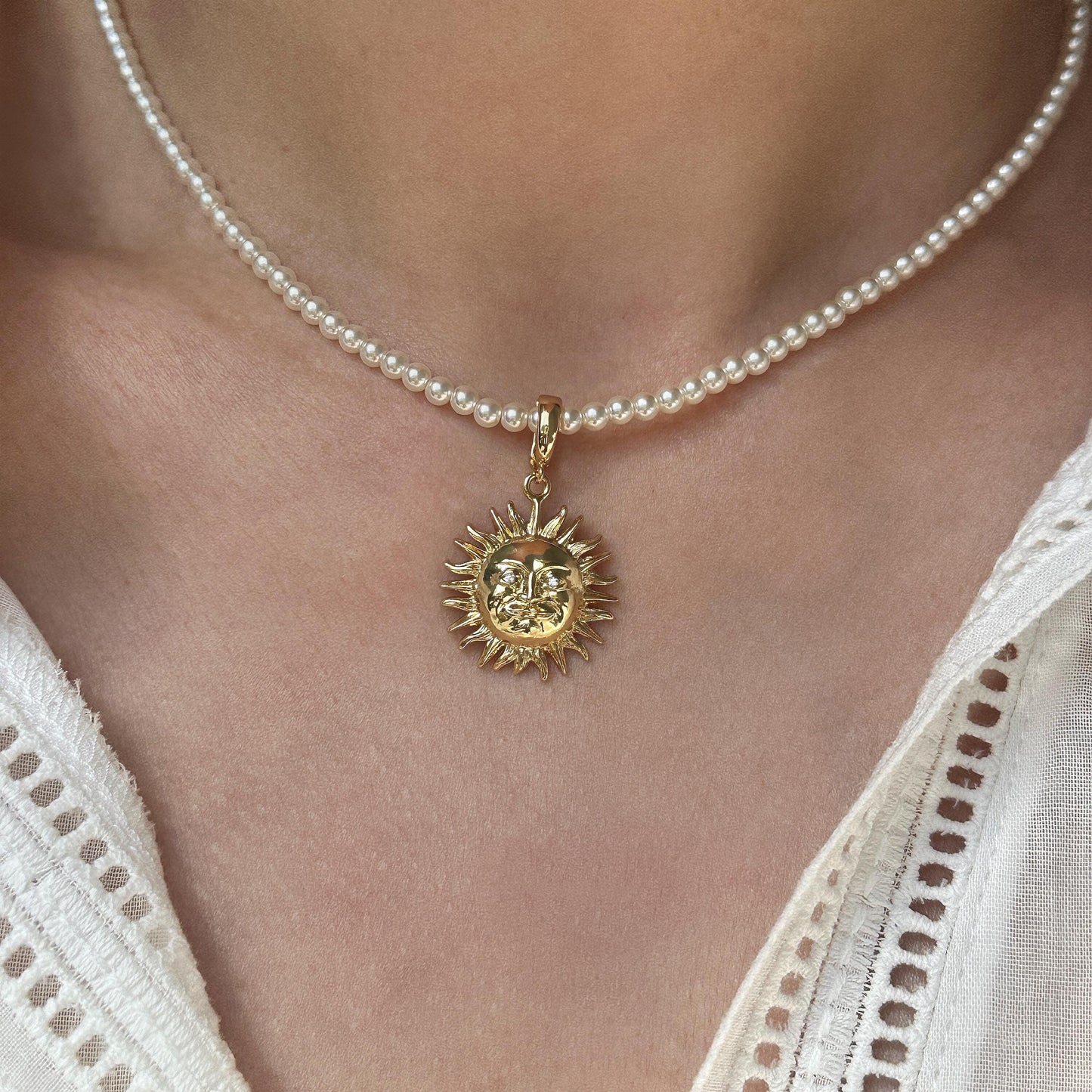 Gold Sun Face Necklace, Sun Face Hoops Earrings