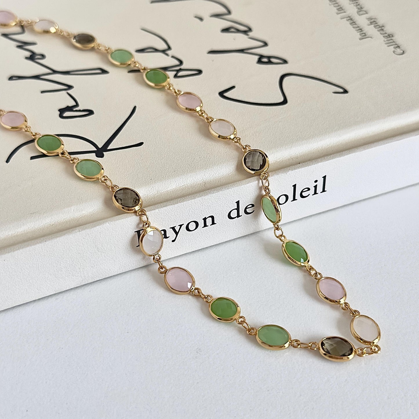 Elegant Crystal Stone Chain, Gold-Plated Green Pink Stone Necklace and Bracelet Set - Unique Multi-Color Gemstone Jewelry