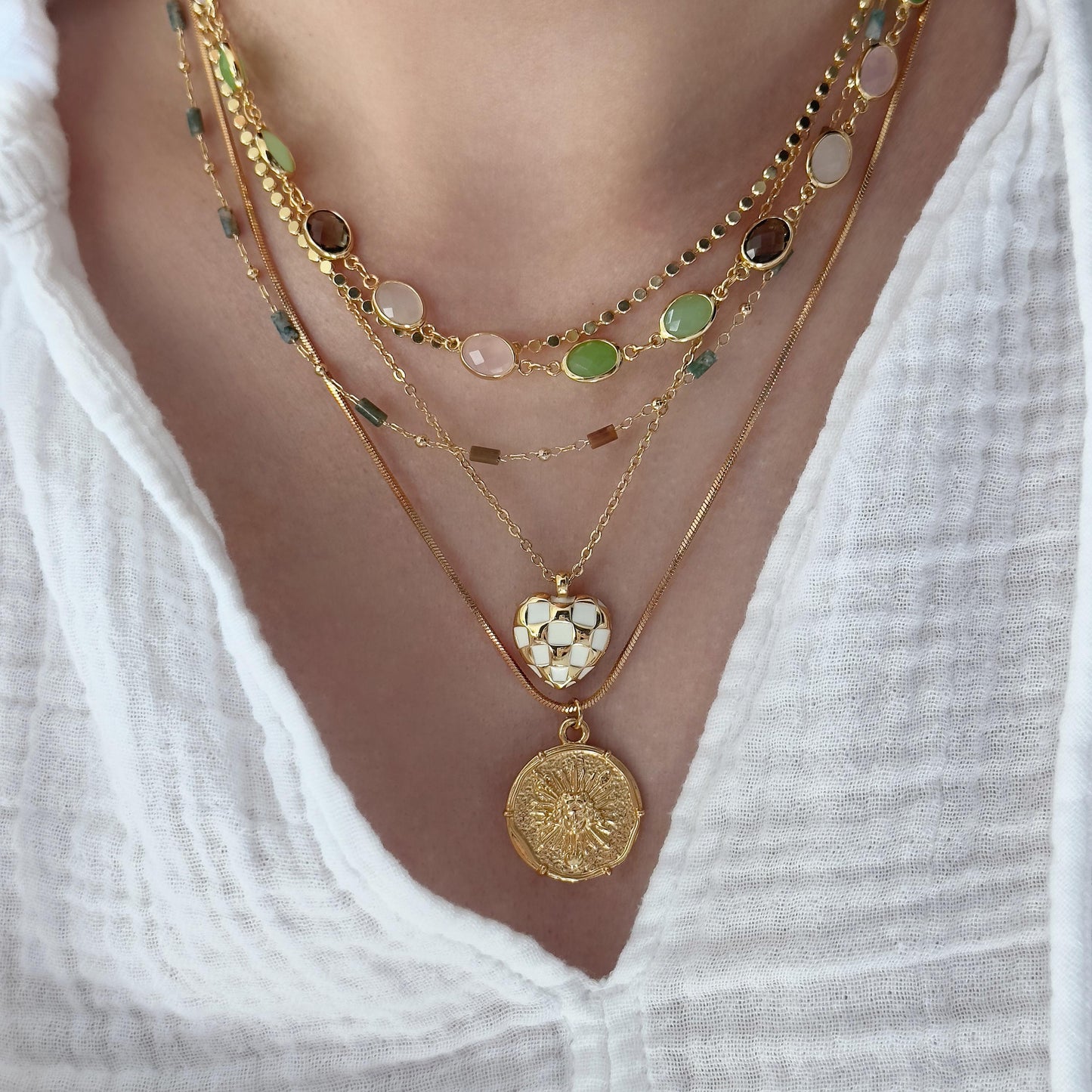 Elegant Crystal Stone Chain, Gold-Plated Green Pink Stone Necklace and Bracelet Set - Unique Multi-Color Gemstone Jewelry