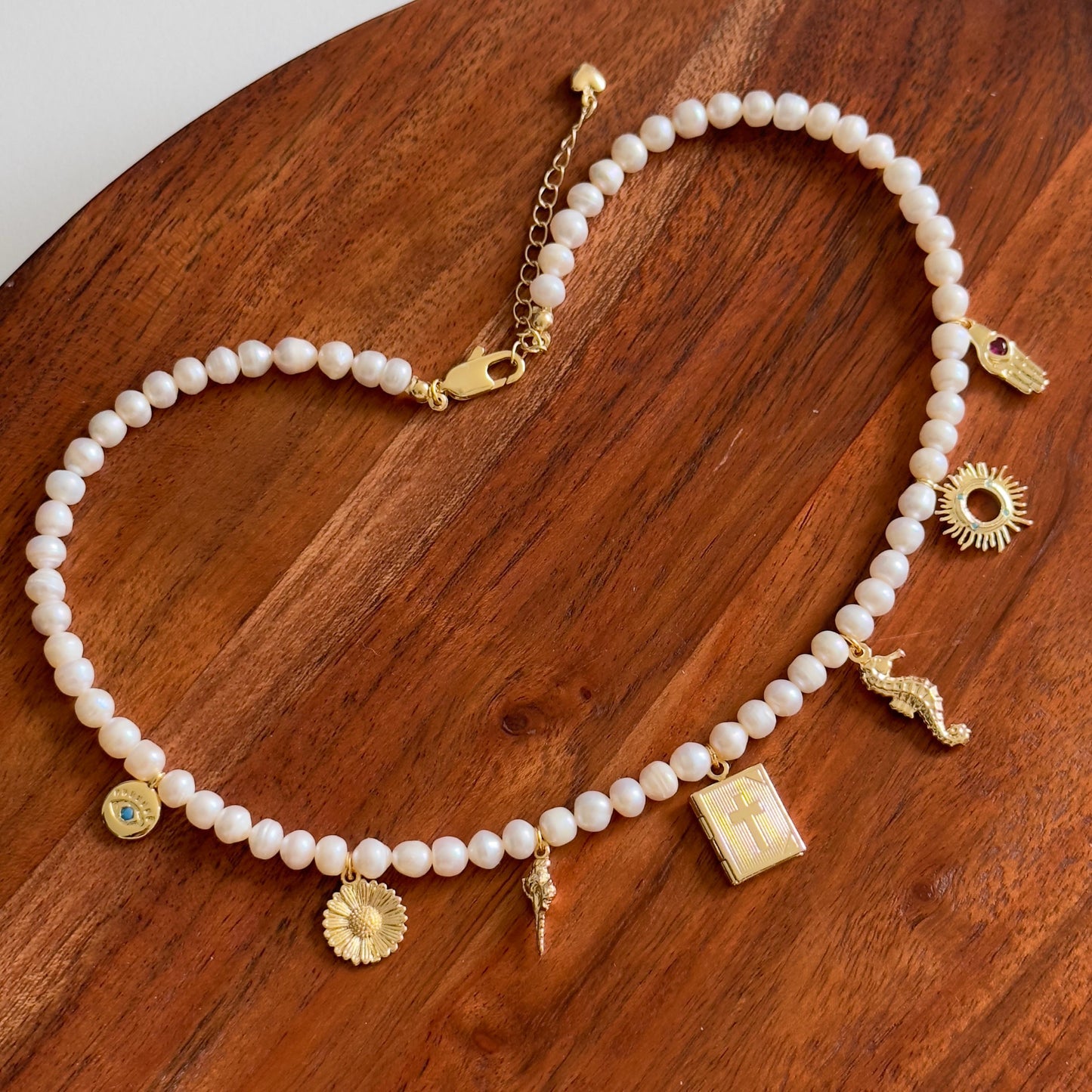 Charm Pearl Necklace, Pearl Necklace with Unique Charms