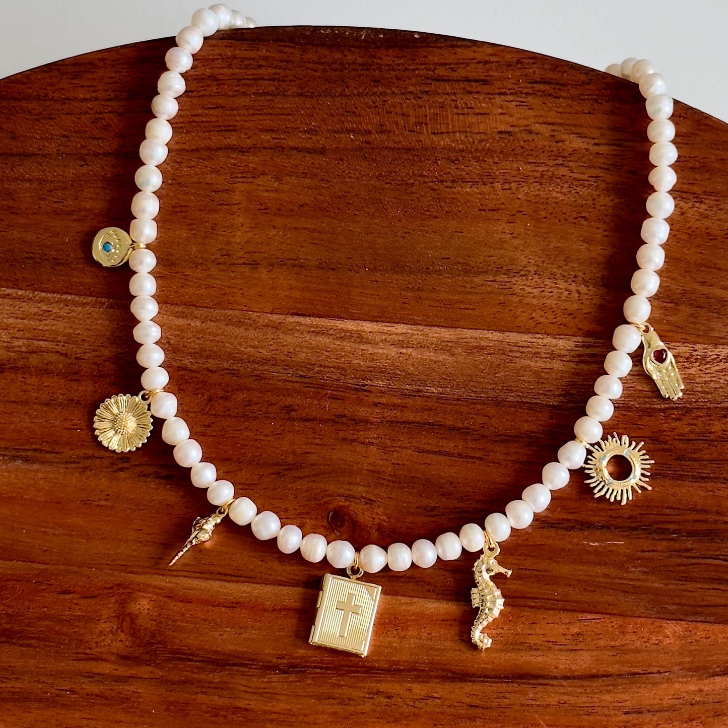Charm Pearl Necklace, Pearl Necklace with Unique Charms