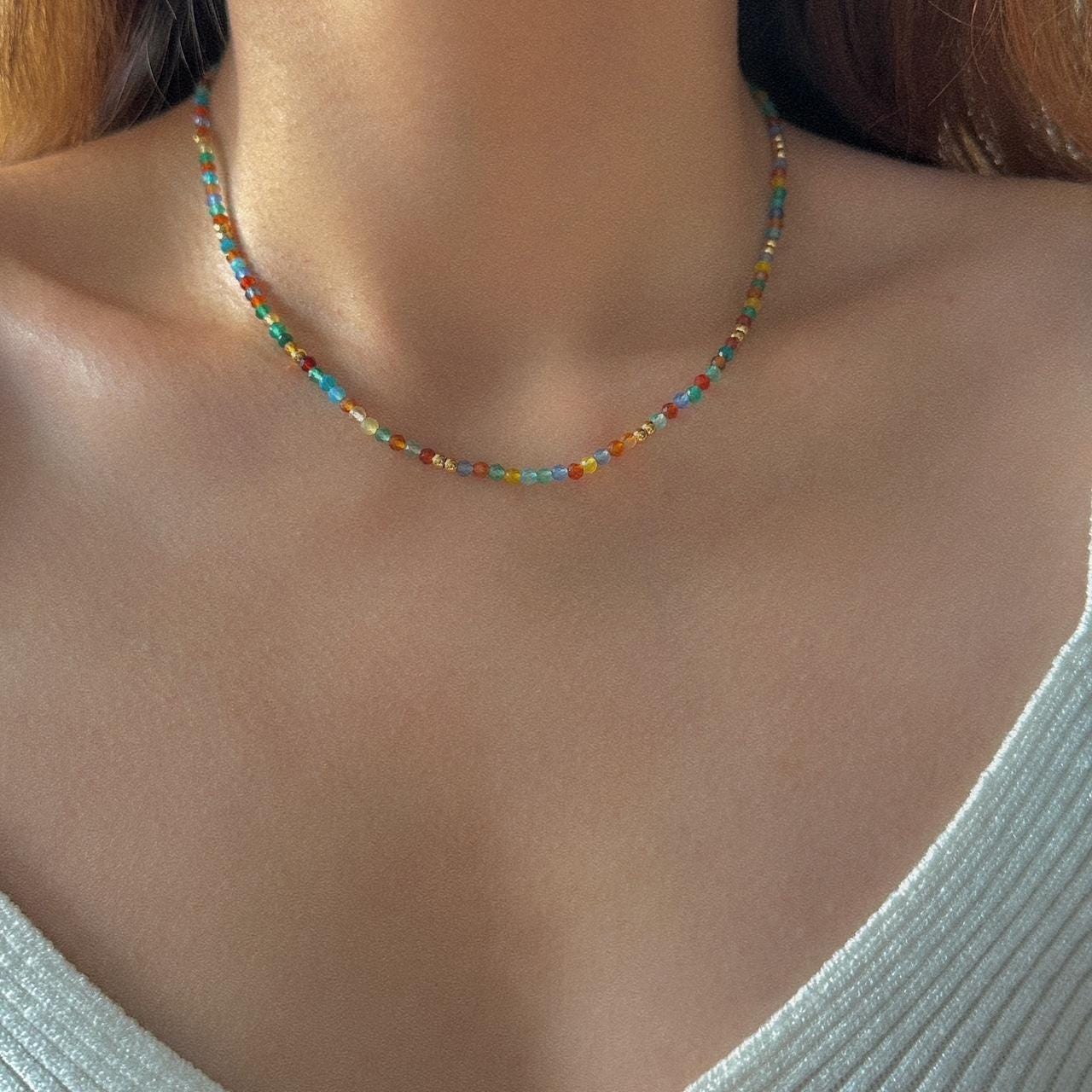 Boho Natural Colorful Agate Beaded Necklace
