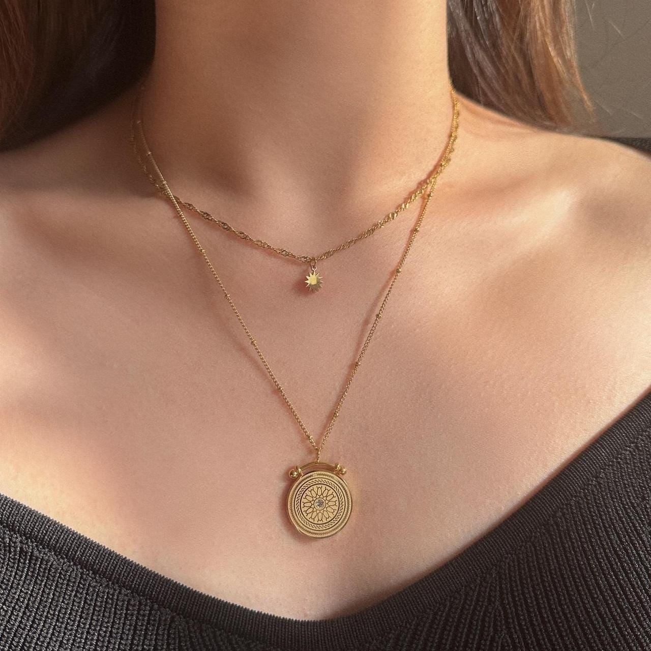 Bohemian Layered Gold Necklace with Sunburst Medallion and Mini Sun Charm
