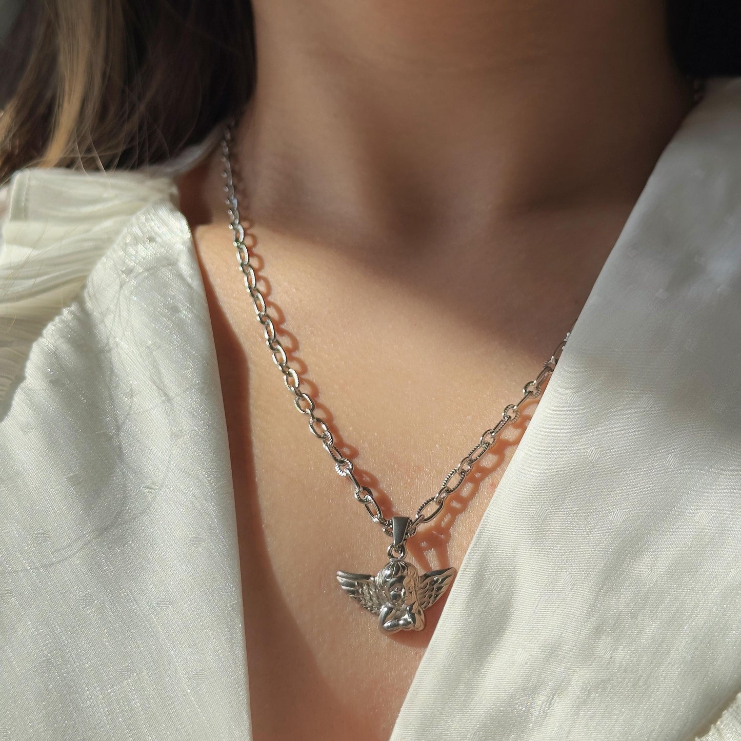 Angel Wing Pendant Necklace, Gold and Silver Wing Angle