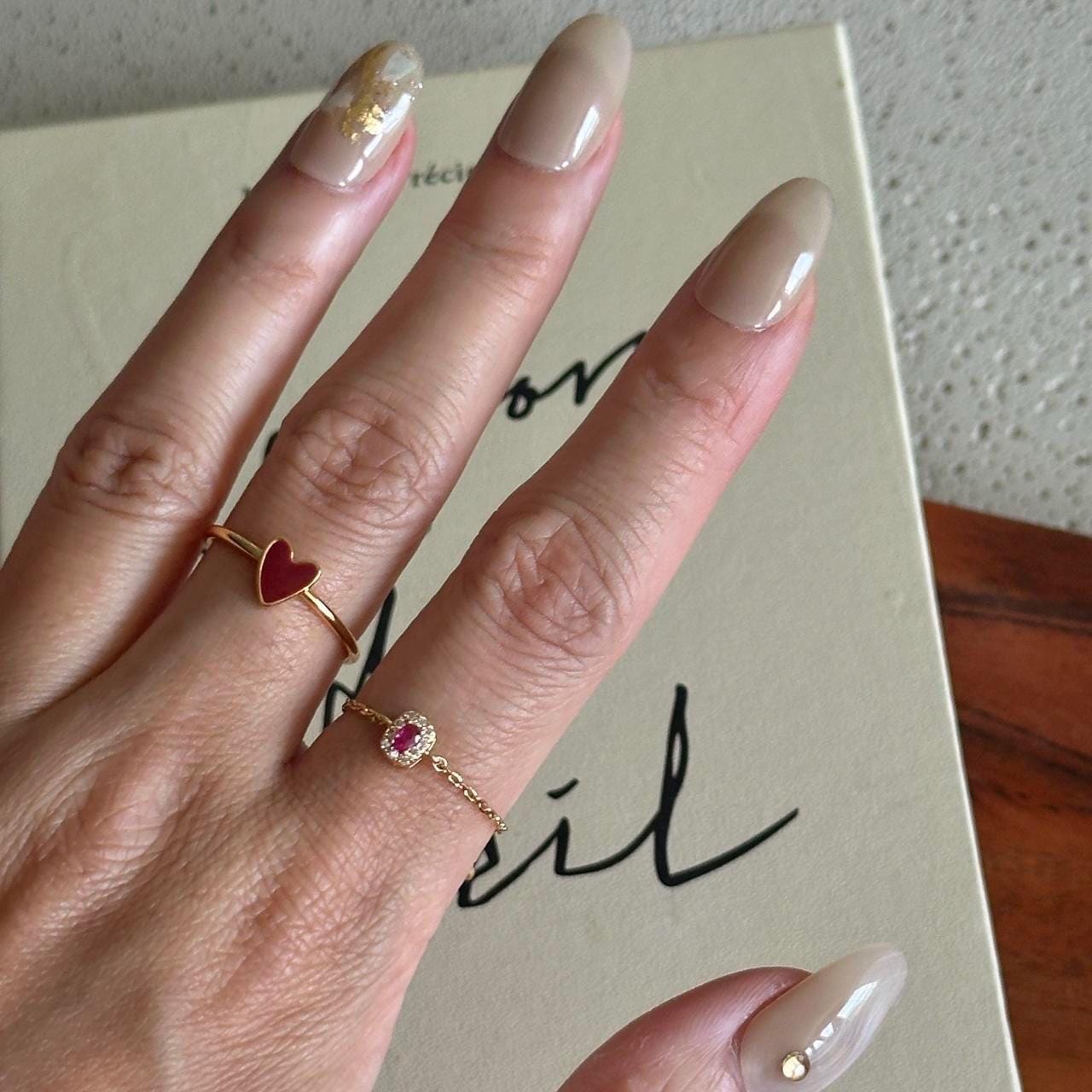 Adjustable Gold Chain Ring with Pink Gemstone