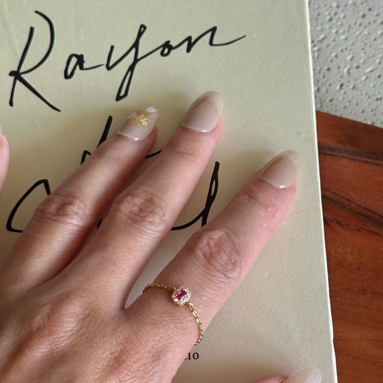Adjustable Gold Chain Ring with Pink Gemstone