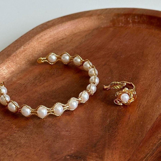 Gold Floral Ring with Pearl Accent