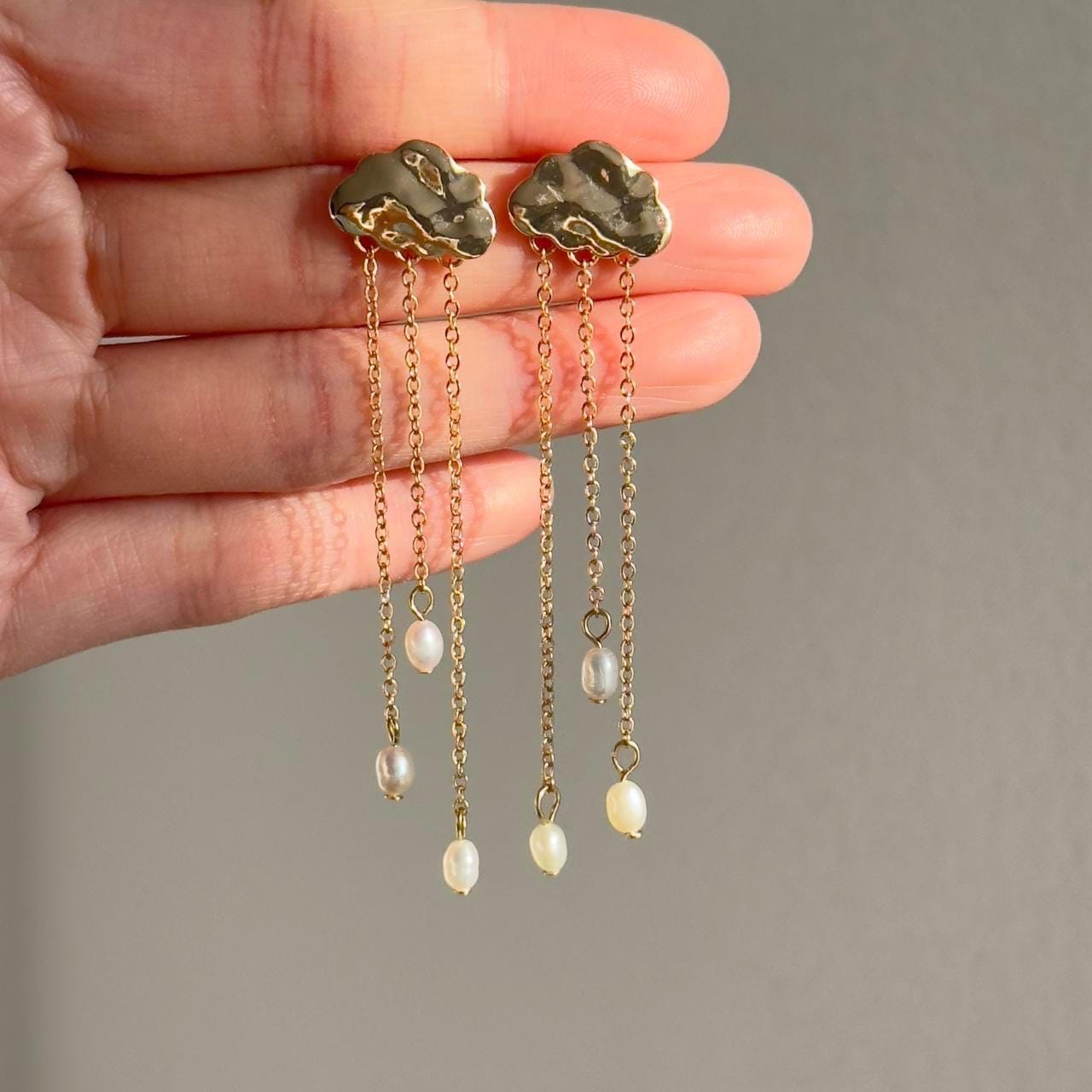 Gold Cloud & Pearl Dangle Earrings