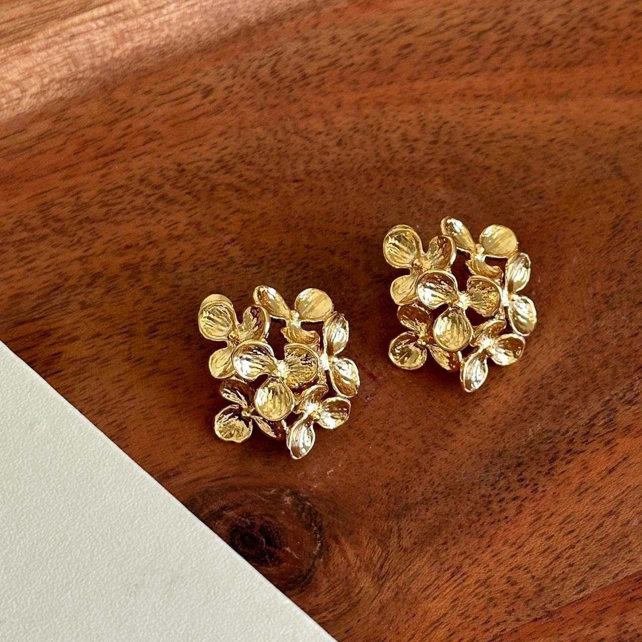 Gold Floral Statement Earrings – 3D Flower Cluster Design