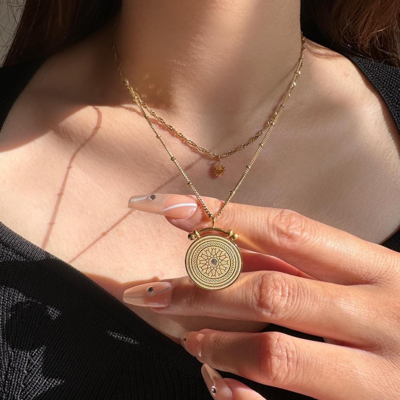 Bohemian Layered Gold Necklace with Sunburst Medallion and Mini Sun Charm