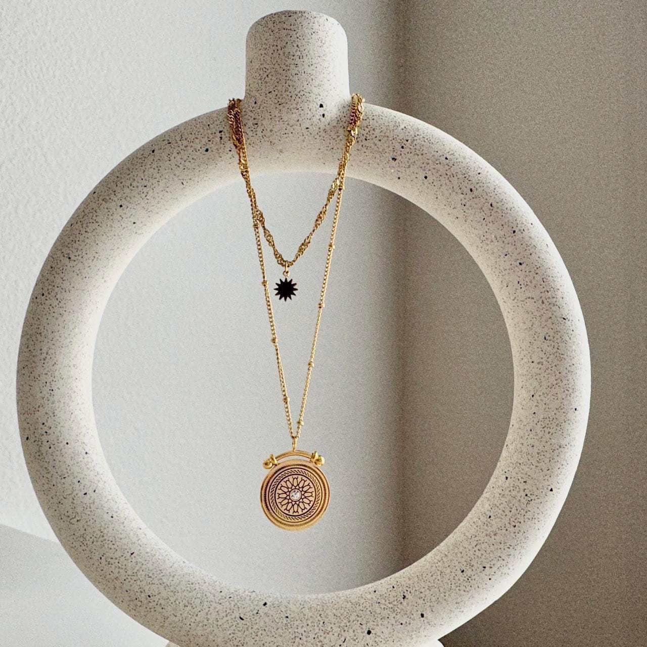 Bohemian Layered Gold Necklace with Sunburst Medallion and Mini Sun Charm