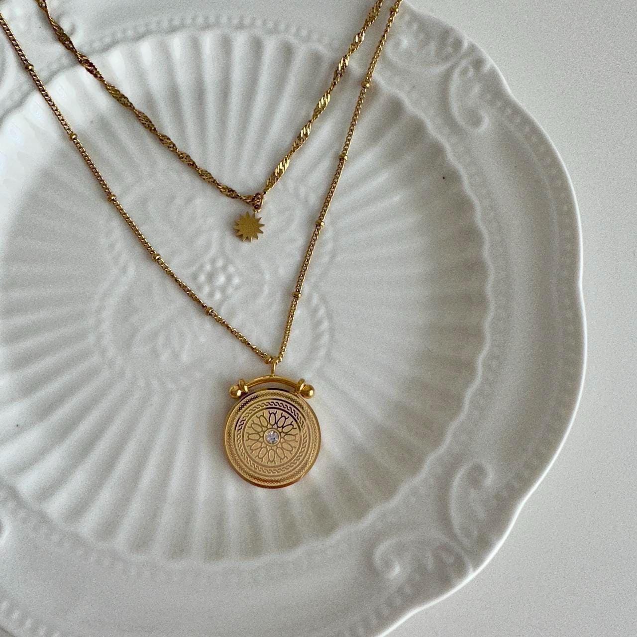 Bohemian Layered Gold Necklace with Sunburst Medallion and Mini Sun Charm