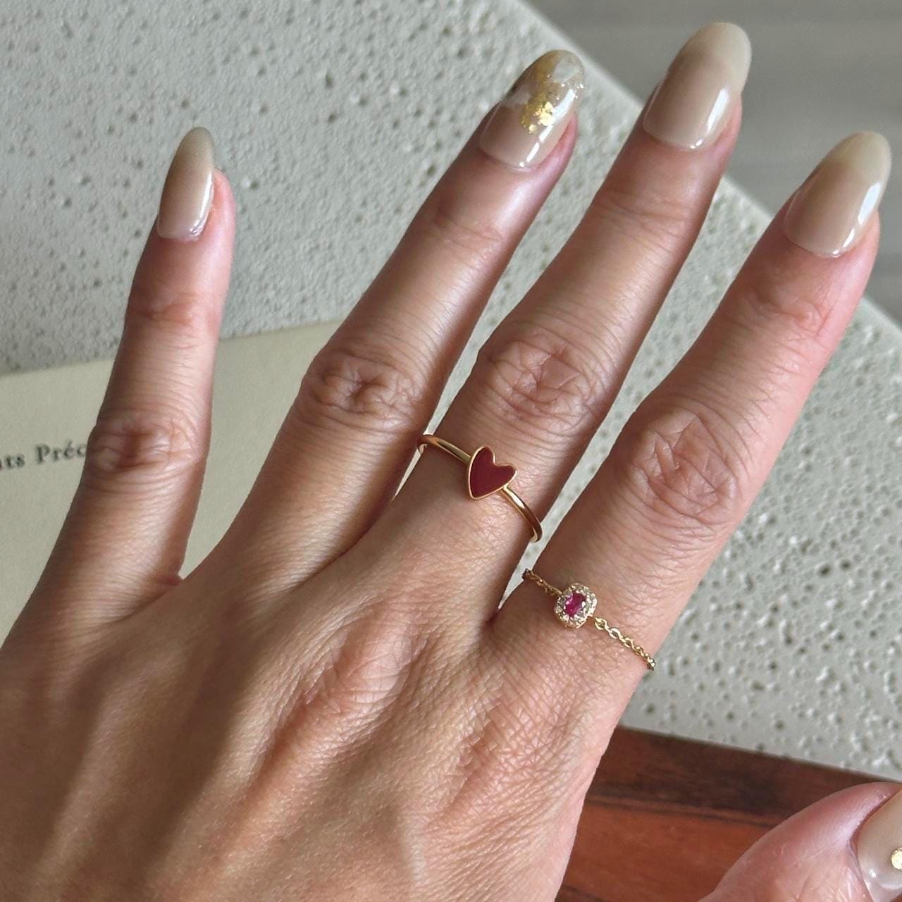 Adjustable Gold Chain Ring with Pink Gemstone