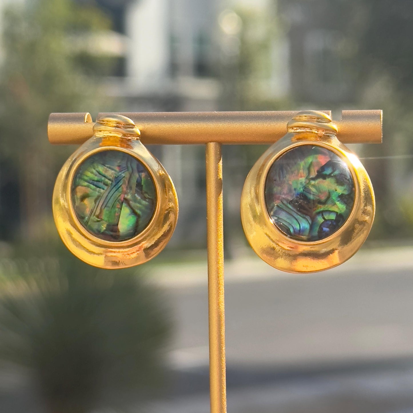 Round Abalone Shell Earrings with 18K Gold Plating