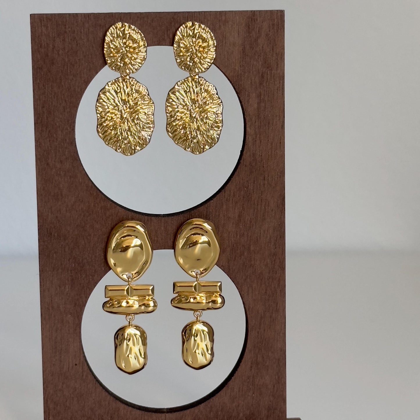 Gold Bold Textured Geometric Dangle Earrings, Chunky Retro Earrings, Gold Statement Drop Earrings, Lightweight Dangle Earrings